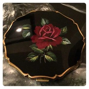 Stratton Black Red Rose Vintage Powder Compact 